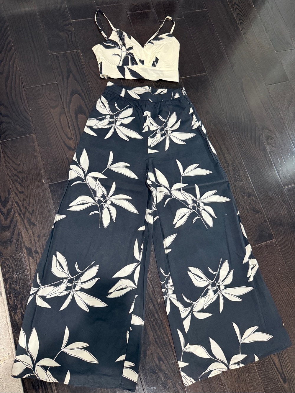 Aakaa Black Wide Leg Pants with Cream Floral Print